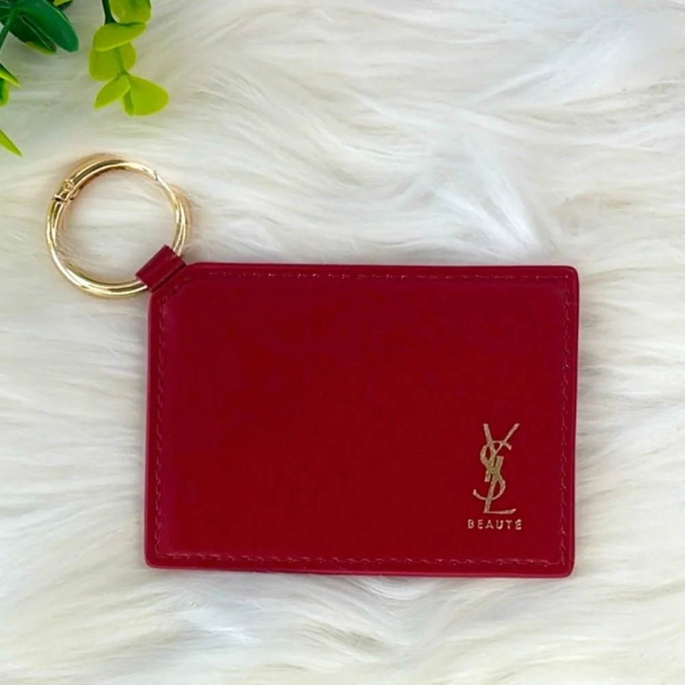 YSL Red Pocket Mirror Gold Holiday Keyring‎ gift stocking classic designer NWT